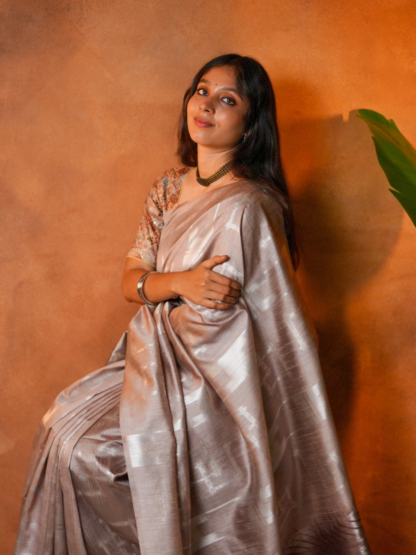 Tissue Silk Saree Champagne Beige Silver Geometric - TSS-1-1003 - view 5