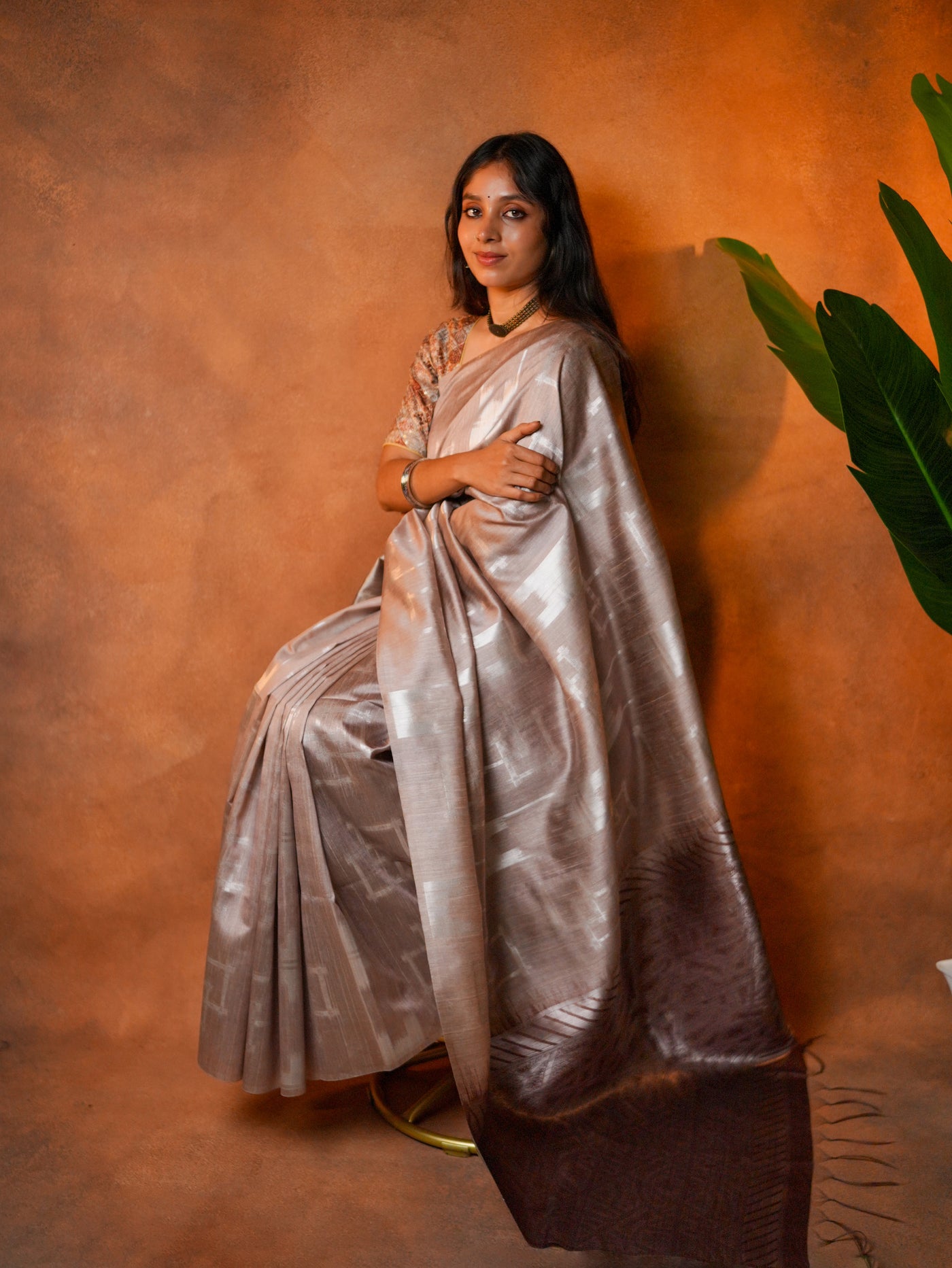 Tissue Silk Saree Champagne Beige Silver Geometric - TSS-1-1003 - view 6