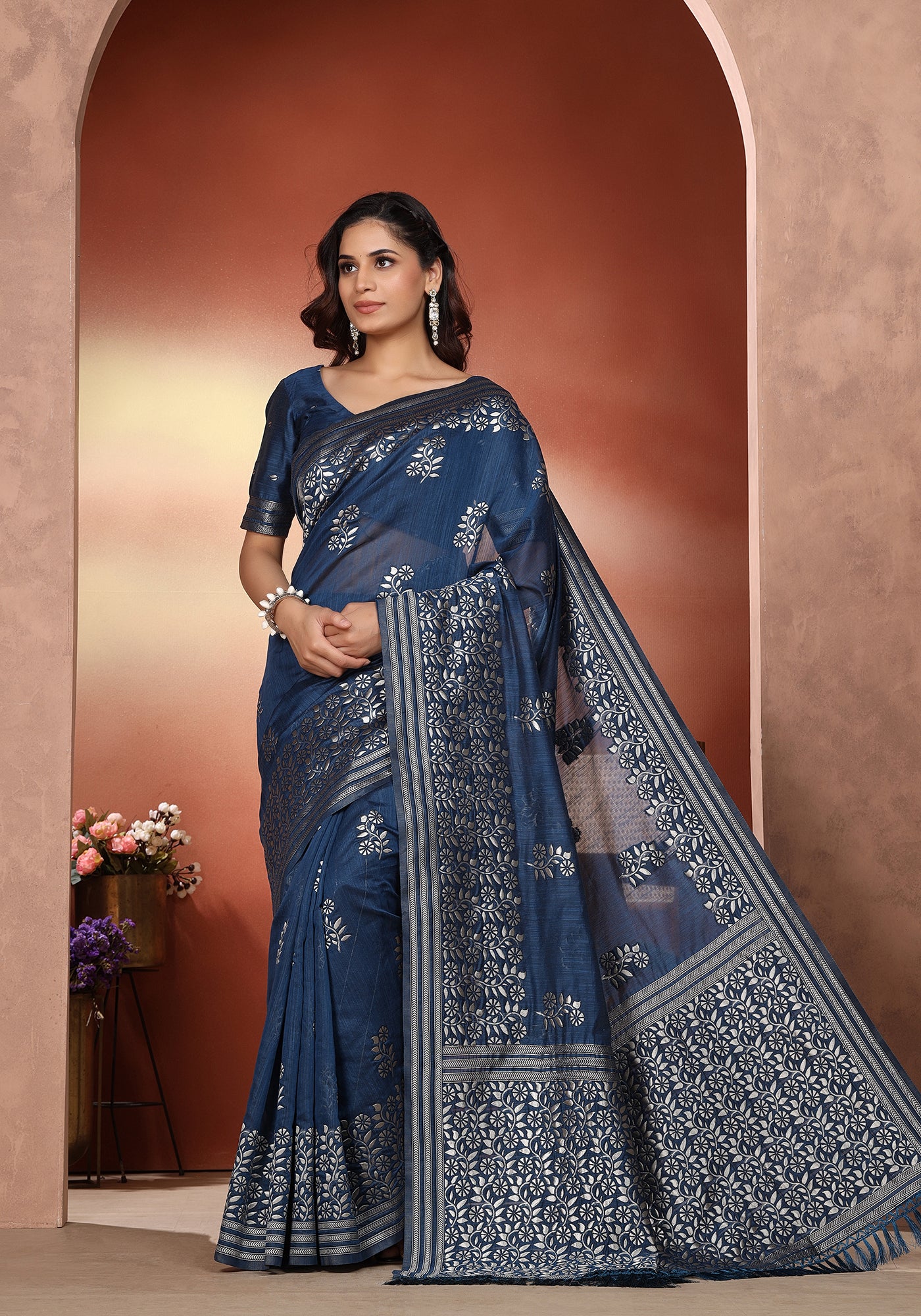 Bhagalpuri Tissue Silk Saree Steel Blue Silver Thread Work