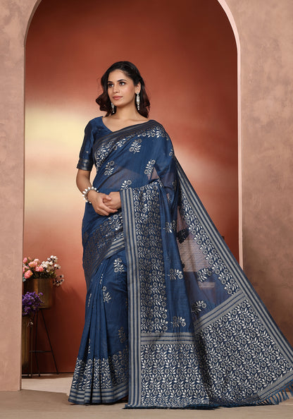 Bhagalpuri Tissue Silk Saree Steel Blue Silver Thread Work