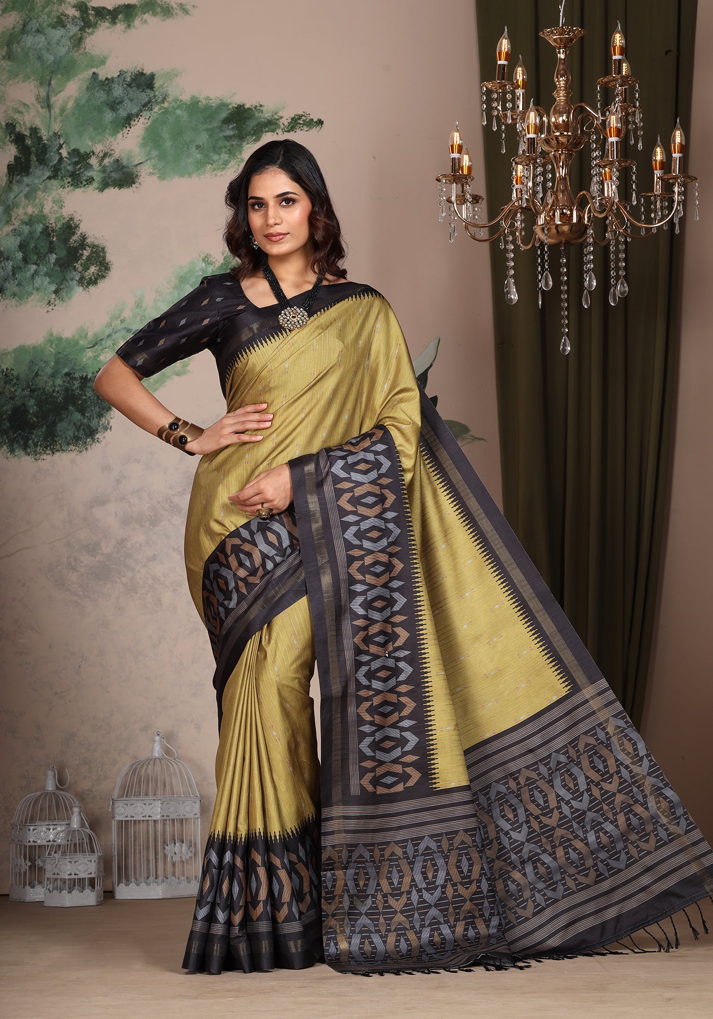 Fancy Saree Mustard Yellow Ikat Border