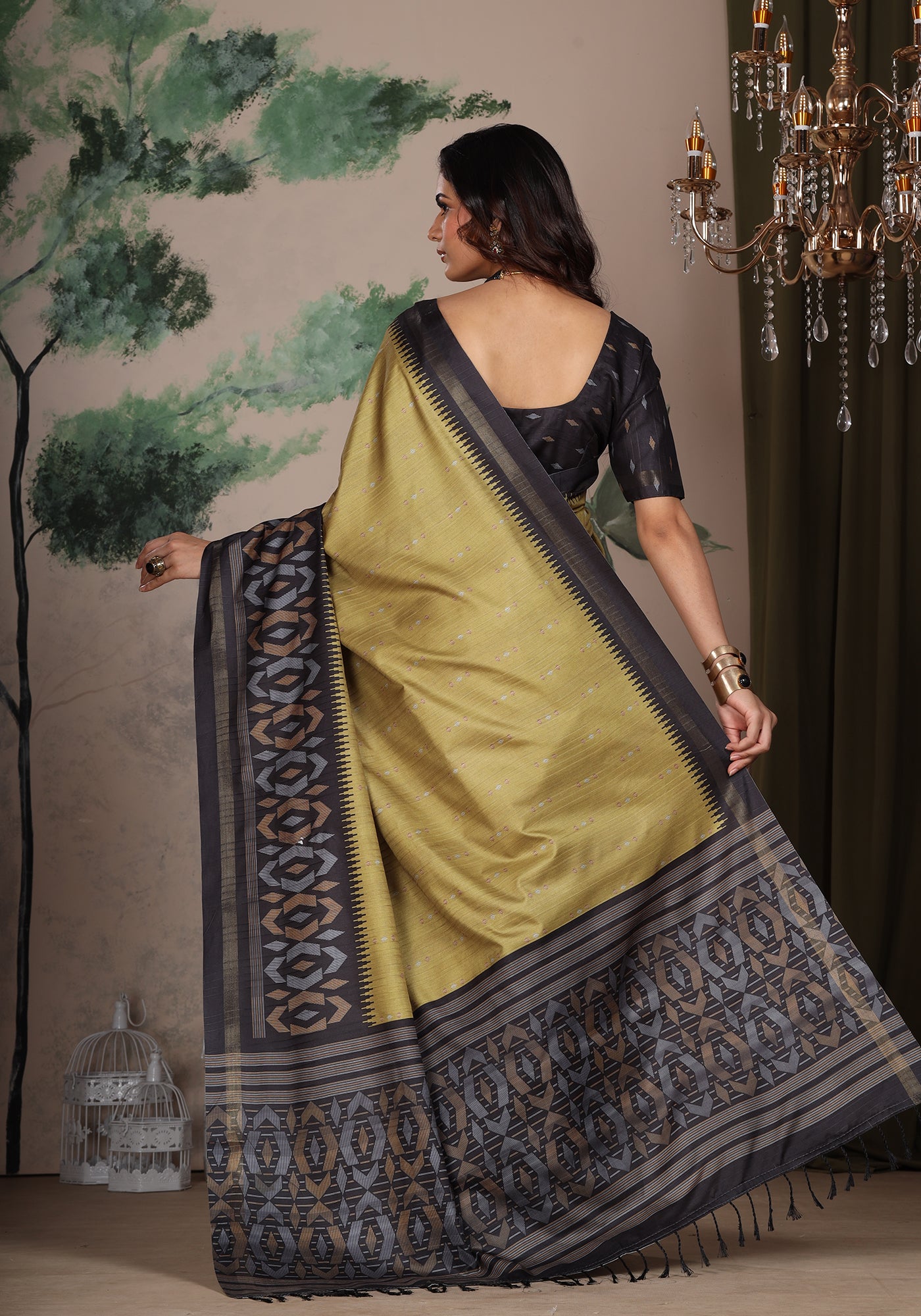 Fancy Saree Mustard Yellow Ikat Border