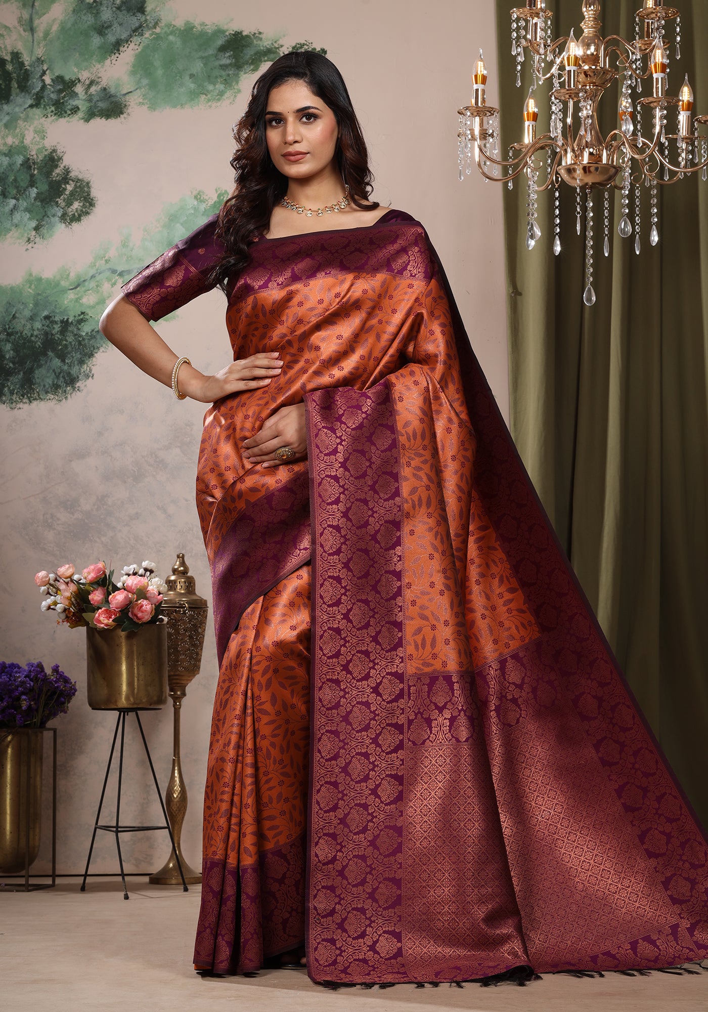 Art Silk Saree Golden Orange & Purple Floral Jaal