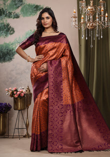 Art Silk Saree Golden Orange & Purple Floral Jaal