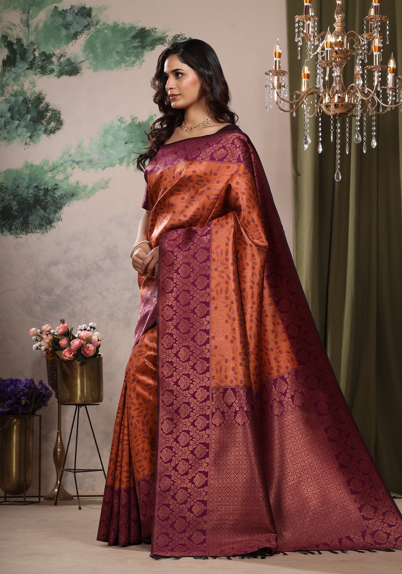 Art Silk Saree Golden Orange & Purple Floral Jaal