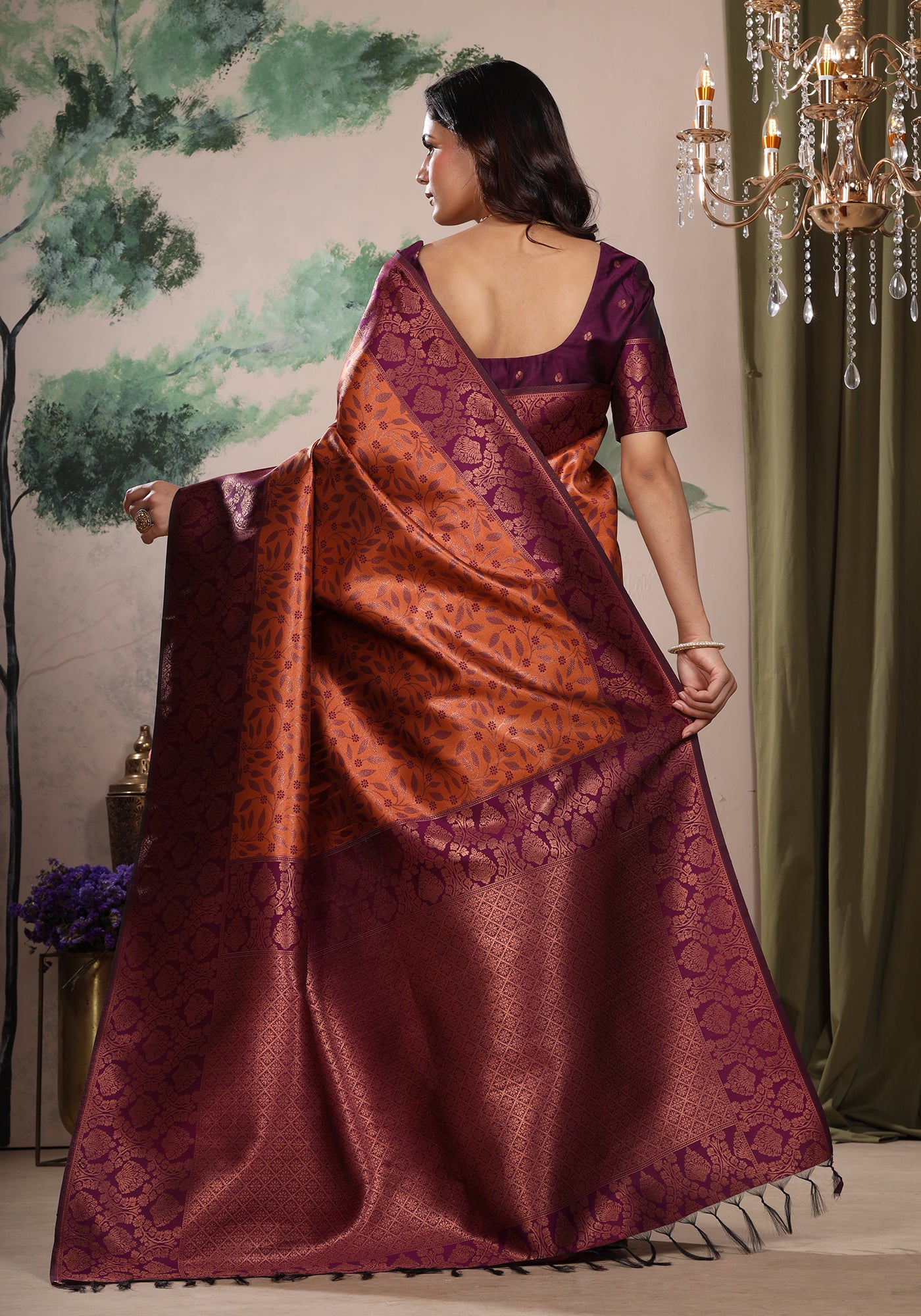 Art Silk Saree Golden Orange & Purple Floral Jaal