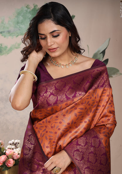 Art Silk Saree Golden Orange & Purple Floral Jaal