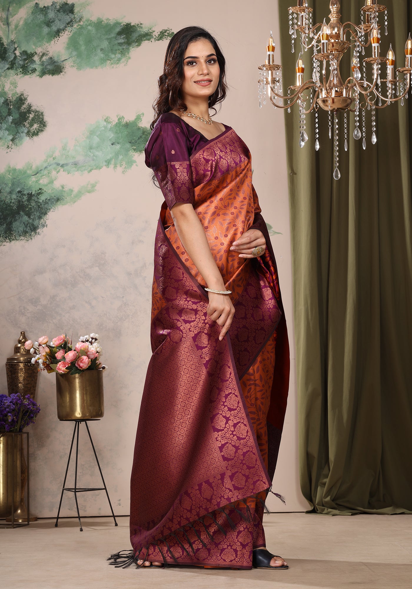 Art Silk Saree Golden Orange & Purple Floral Jaal