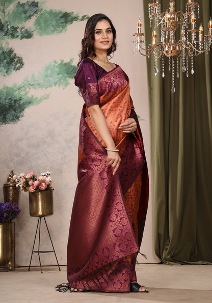 Art Silk Saree Golden Orange & Purple Floral Jaal