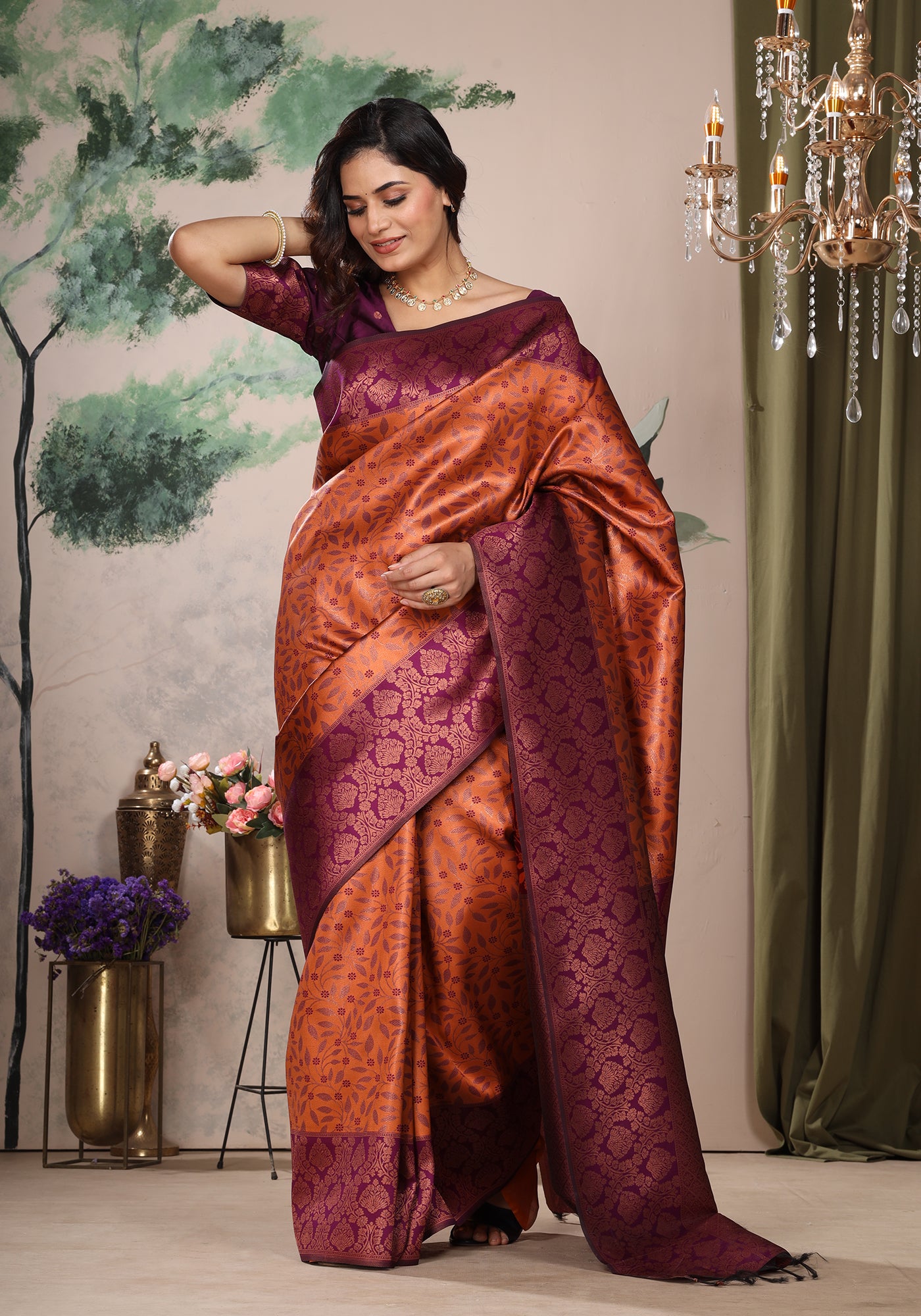 Art Silk Saree Golden Orange & Purple Floral Jaal
