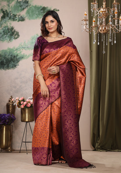 Art Silk Saree Golden Orange & Purple Floral Jaal