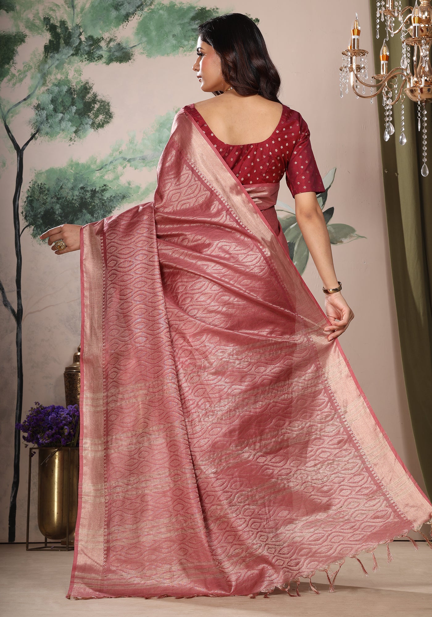 Bhagalpuri Tissue Silk Saree Dusty Rose Gold Zari Pallu