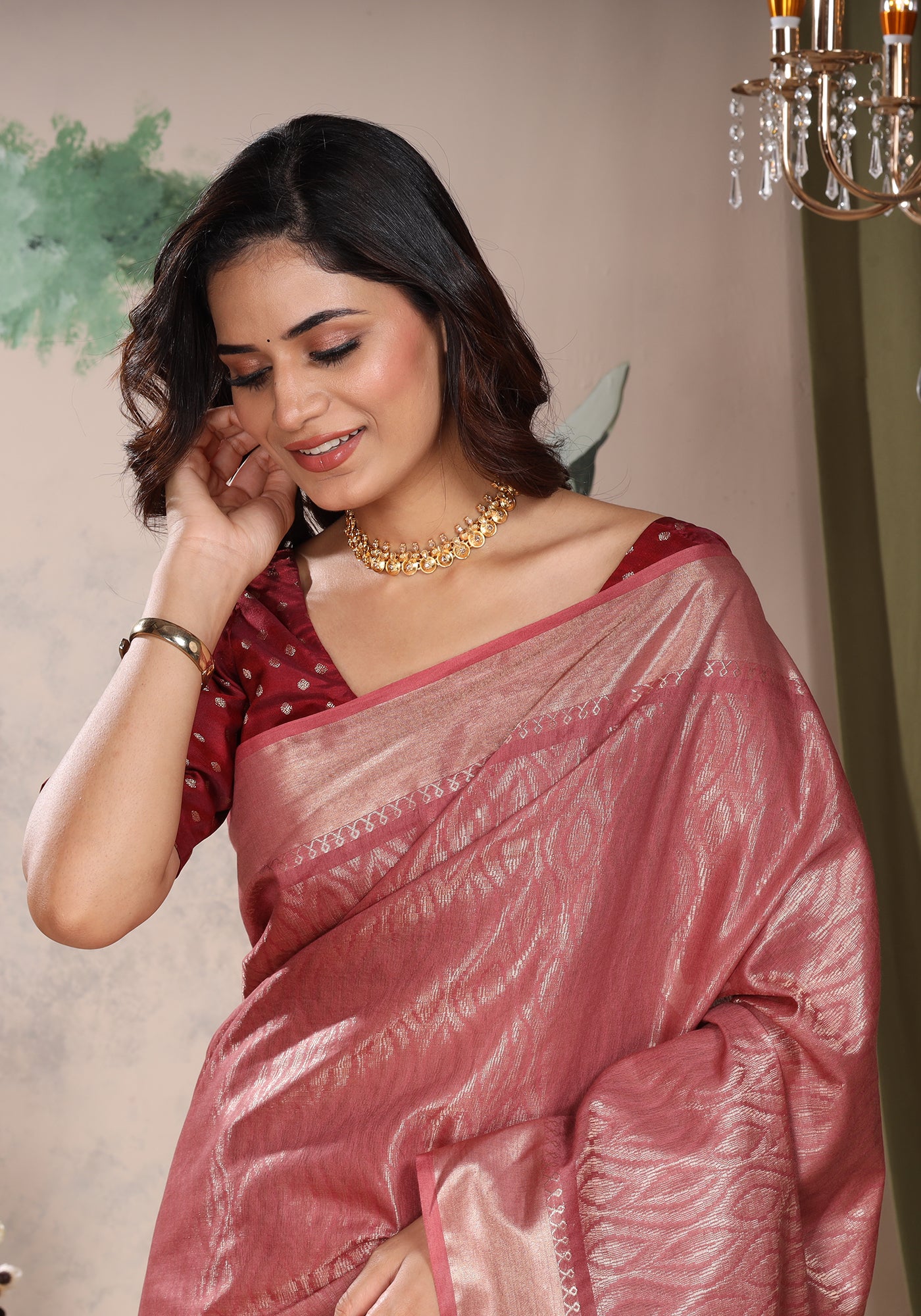 Bhagalpuri Tissue Silk Saree Dusty Rose Gold Zari Pallu