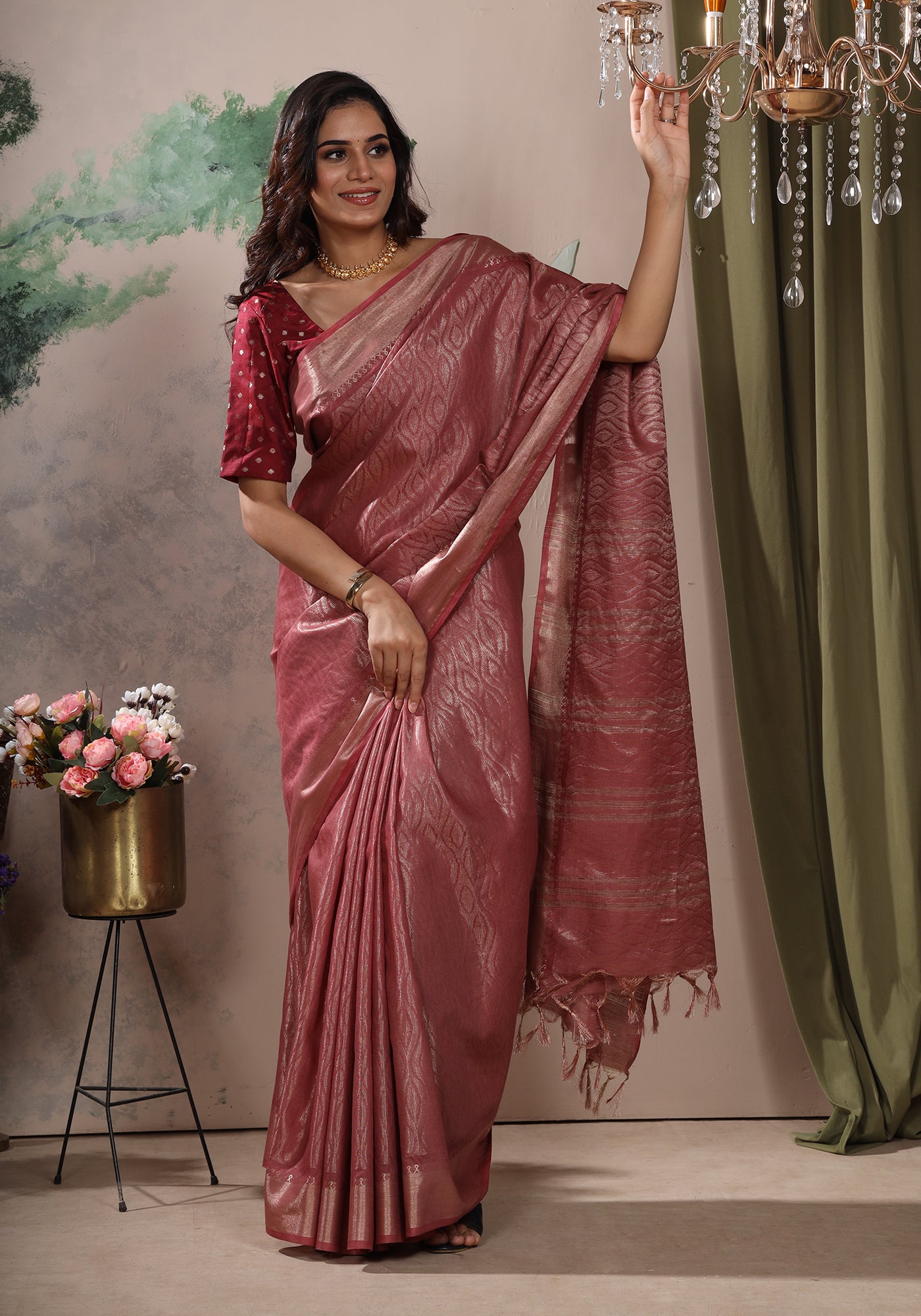 Bhagalpuri Tissue Silk Saree Dusty Rose Gold Zari Pallu