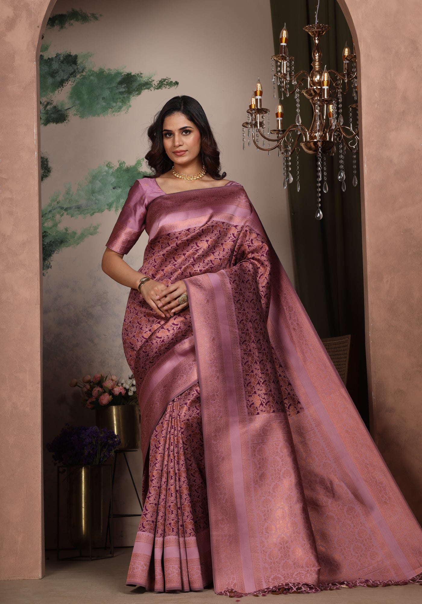 Art Silk Saree Purple Violet Shimmer Floral Jaal