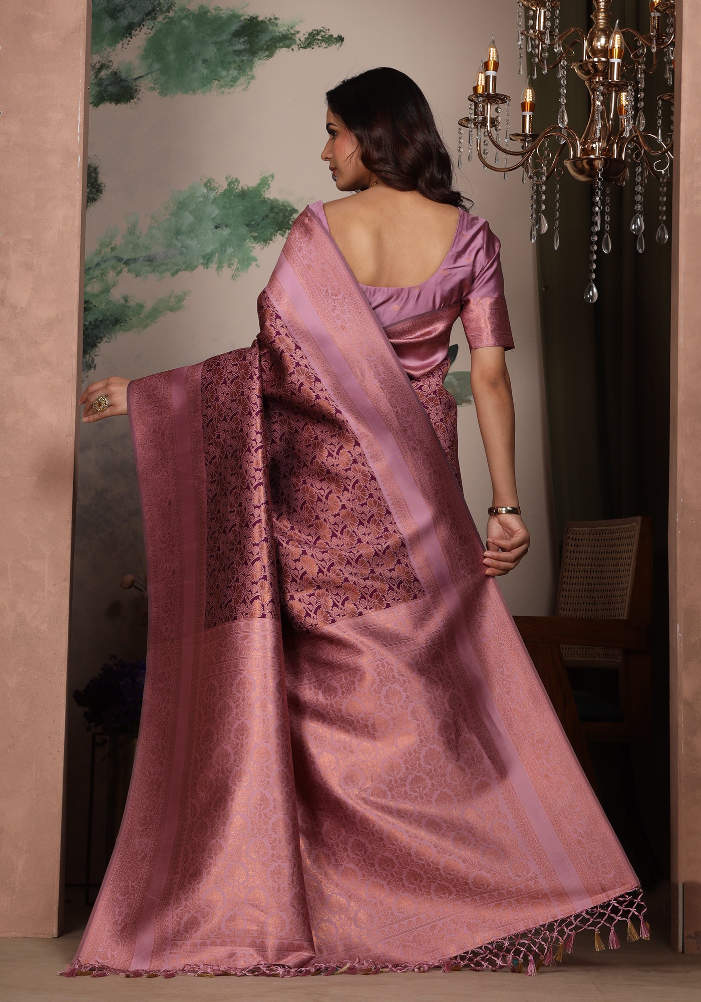 Art Silk Saree Purple Violet Shimmer Floral Jaal