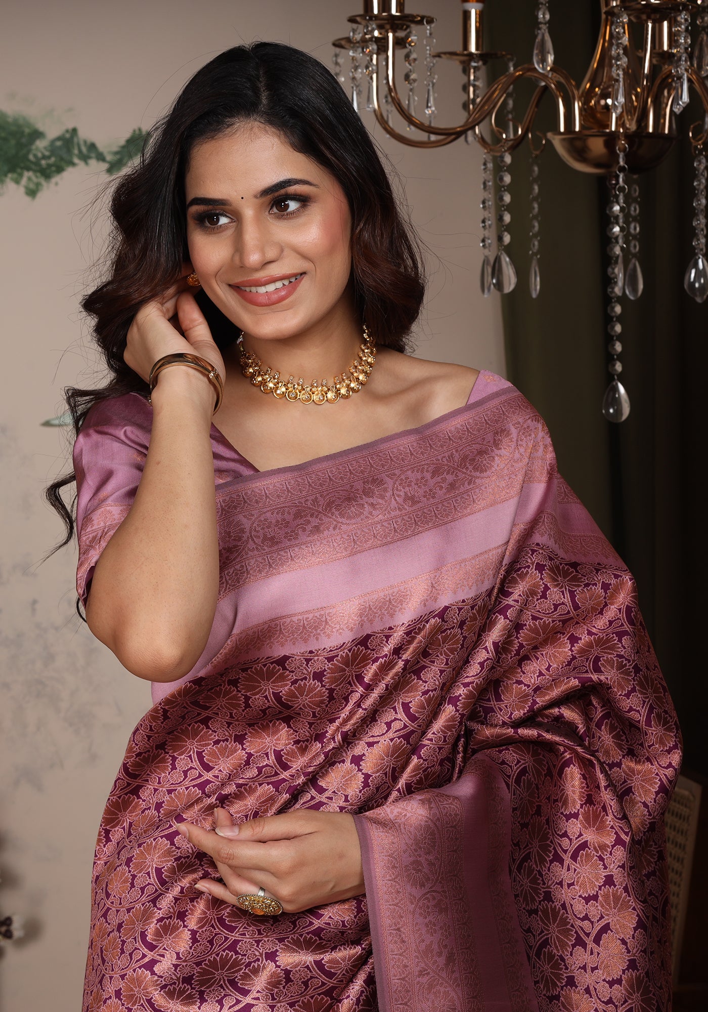 Art Silk Saree Purple Violet Shimmer Floral Jaal