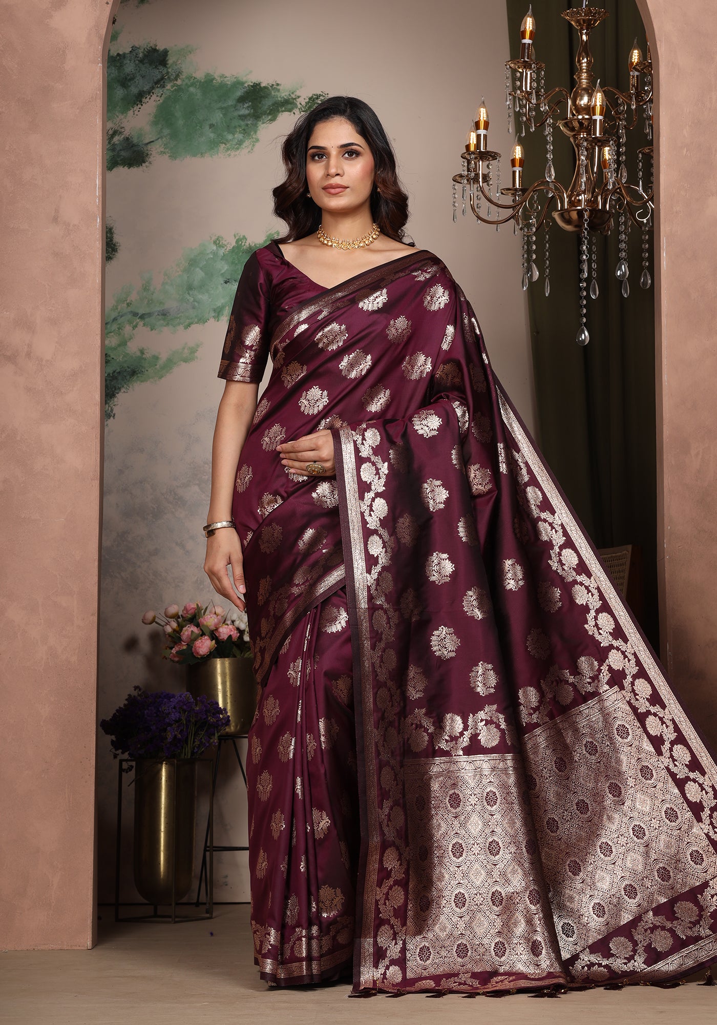Satin Silk Pallu Saree Royal Violet Gold Buti