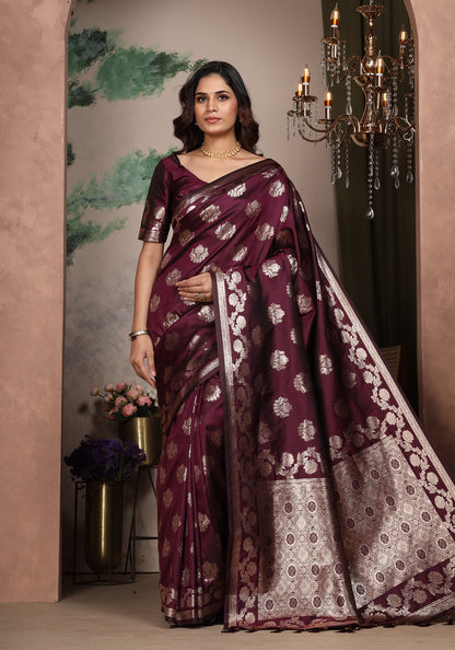 Satin Silk Pallu Saree Royal Violet Gold Buti