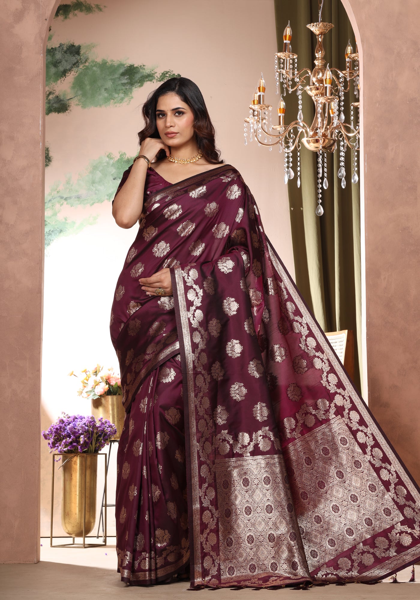 Satin Silk Pallu Saree Royal Violet Gold Buti