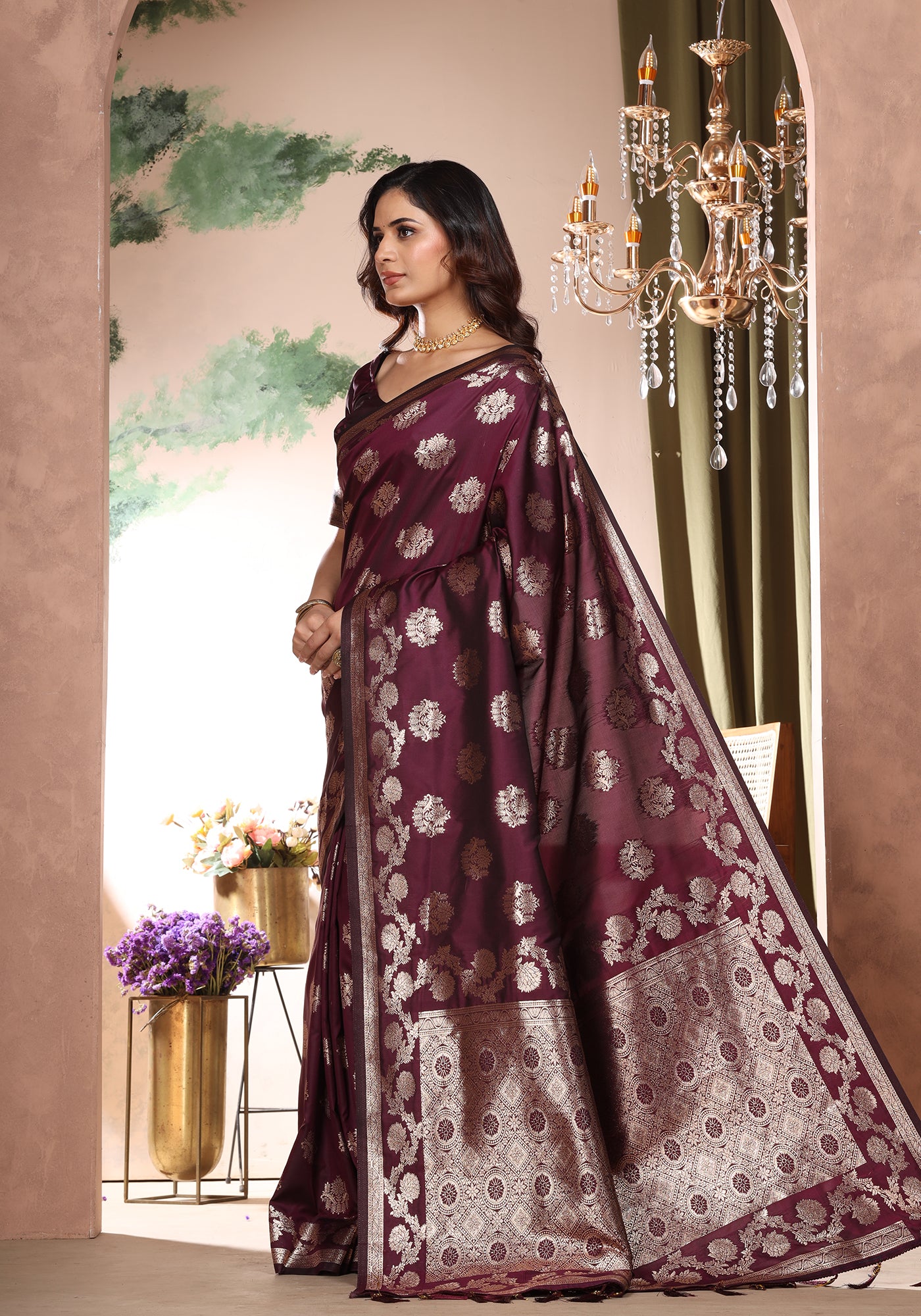 Satin Silk Pallu Saree Royal Violet Gold Buti