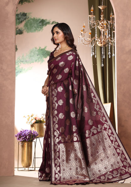 Satin Silk Pallu Saree Royal Violet Gold Buti