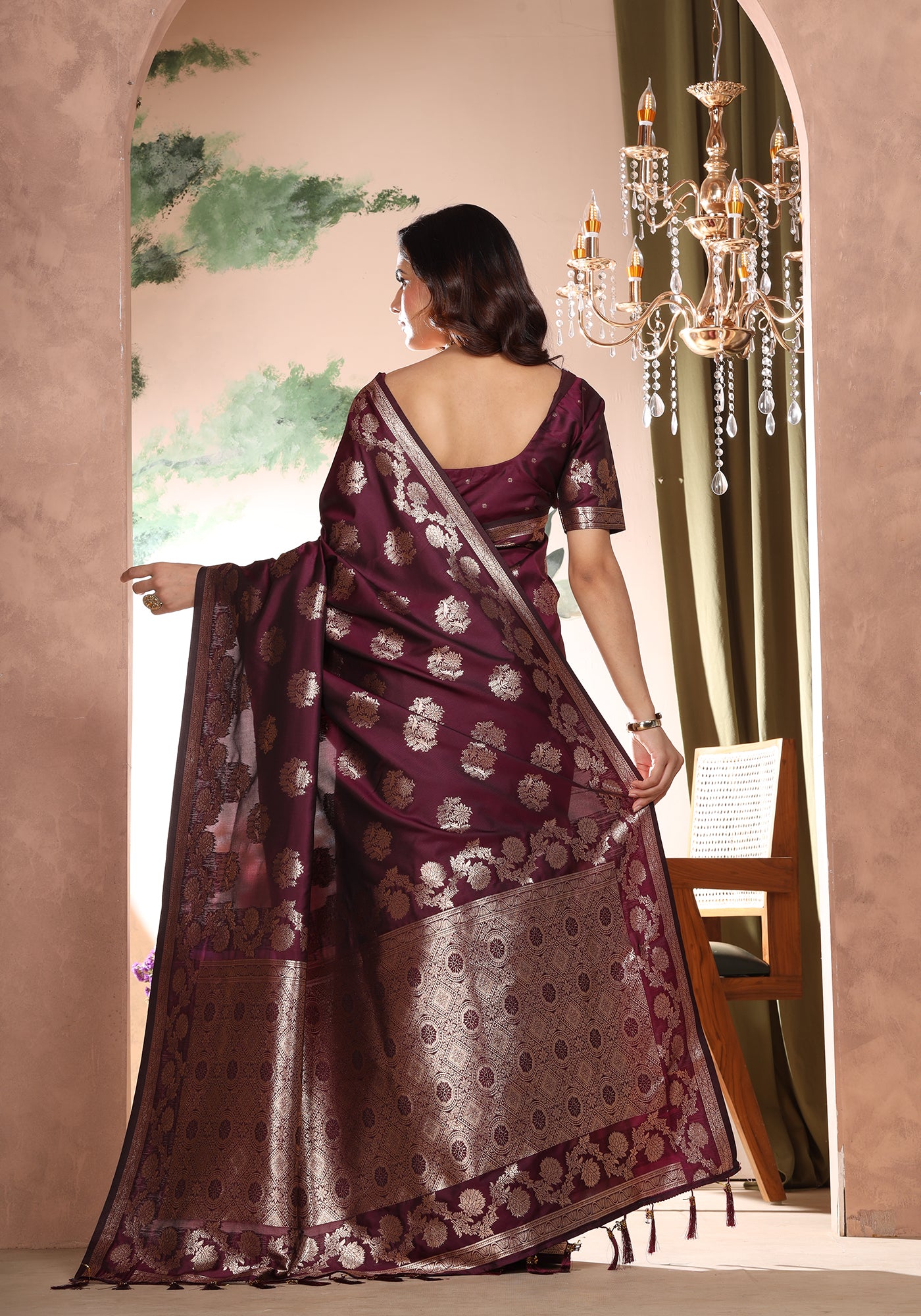 Satin Silk Pallu Saree Royal Violet Gold Buti
