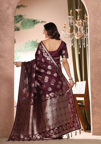 Satin Silk Pallu Saree Royal Violet Gold Buti