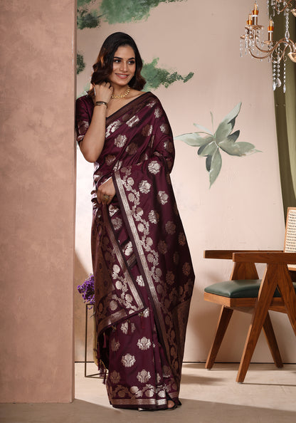 Satin Silk Pallu Saree Royal Violet Gold Buti