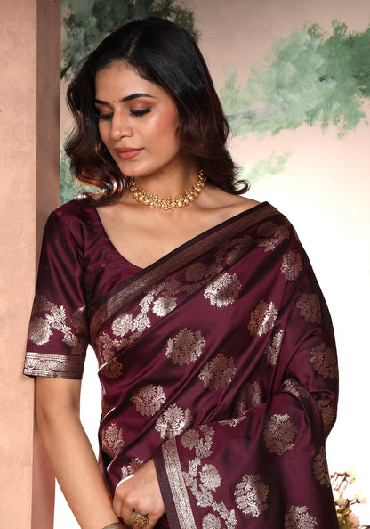 Satin Silk Pallu Saree Royal Violet Gold Buti