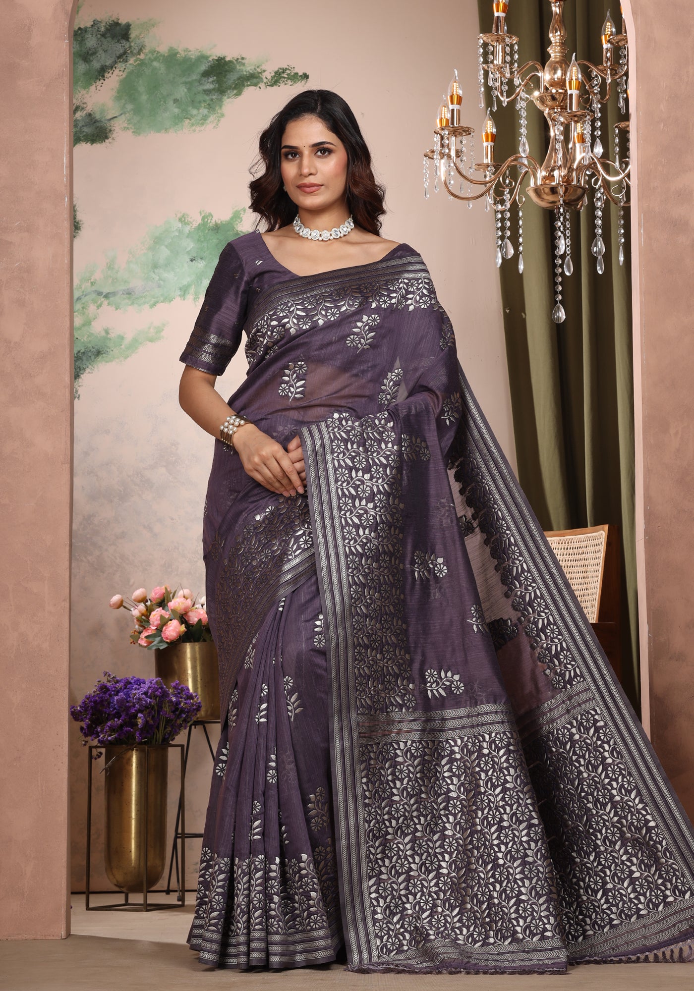 Bhagalpuri Tissue Silk Saree Deep Purple Silver Thread Work