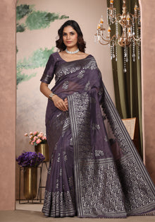 Bhagalpuri Tissue Silk Saree Deep Purple Silver Thread Work