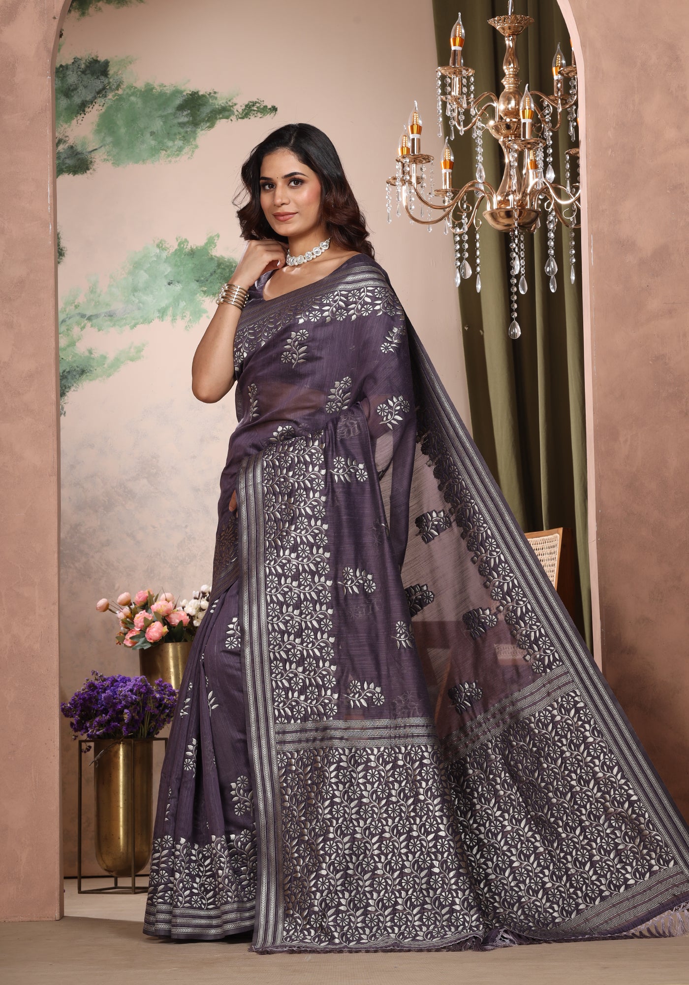 Bhagalpuri Tissue Silk Saree Deep Purple Silver Thread Work