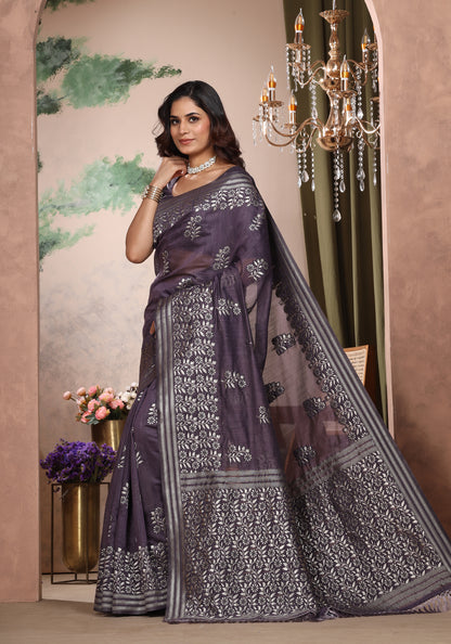 Bhagalpuri Tissue Silk Saree Deep Purple Silver Thread Work