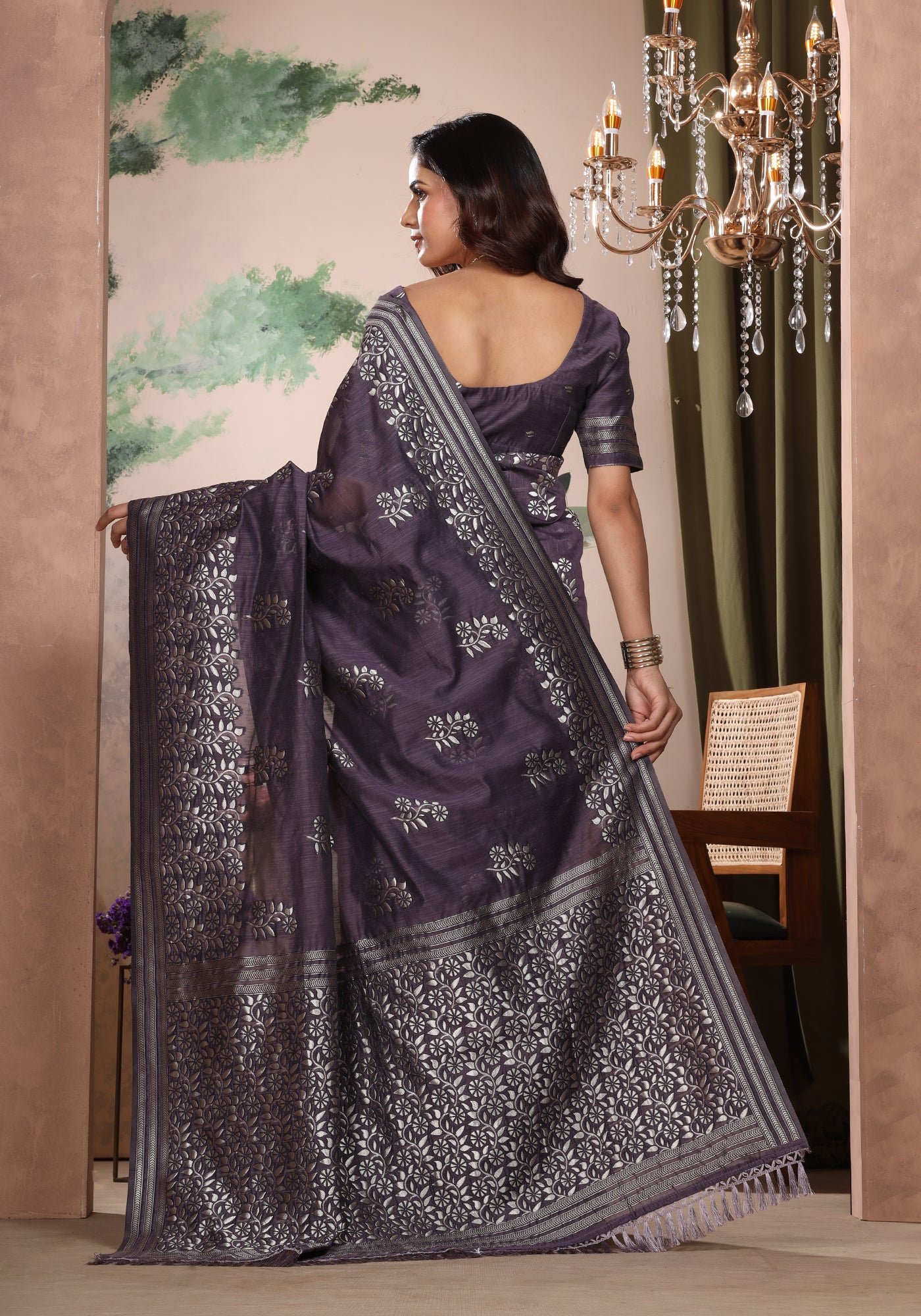 Bhagalpuri Tissue Silk Saree Deep Purple Silver Thread Work