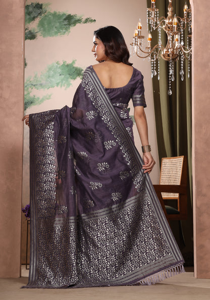 Bhagalpuri Tissue Silk Saree Deep Purple Silver Thread Work