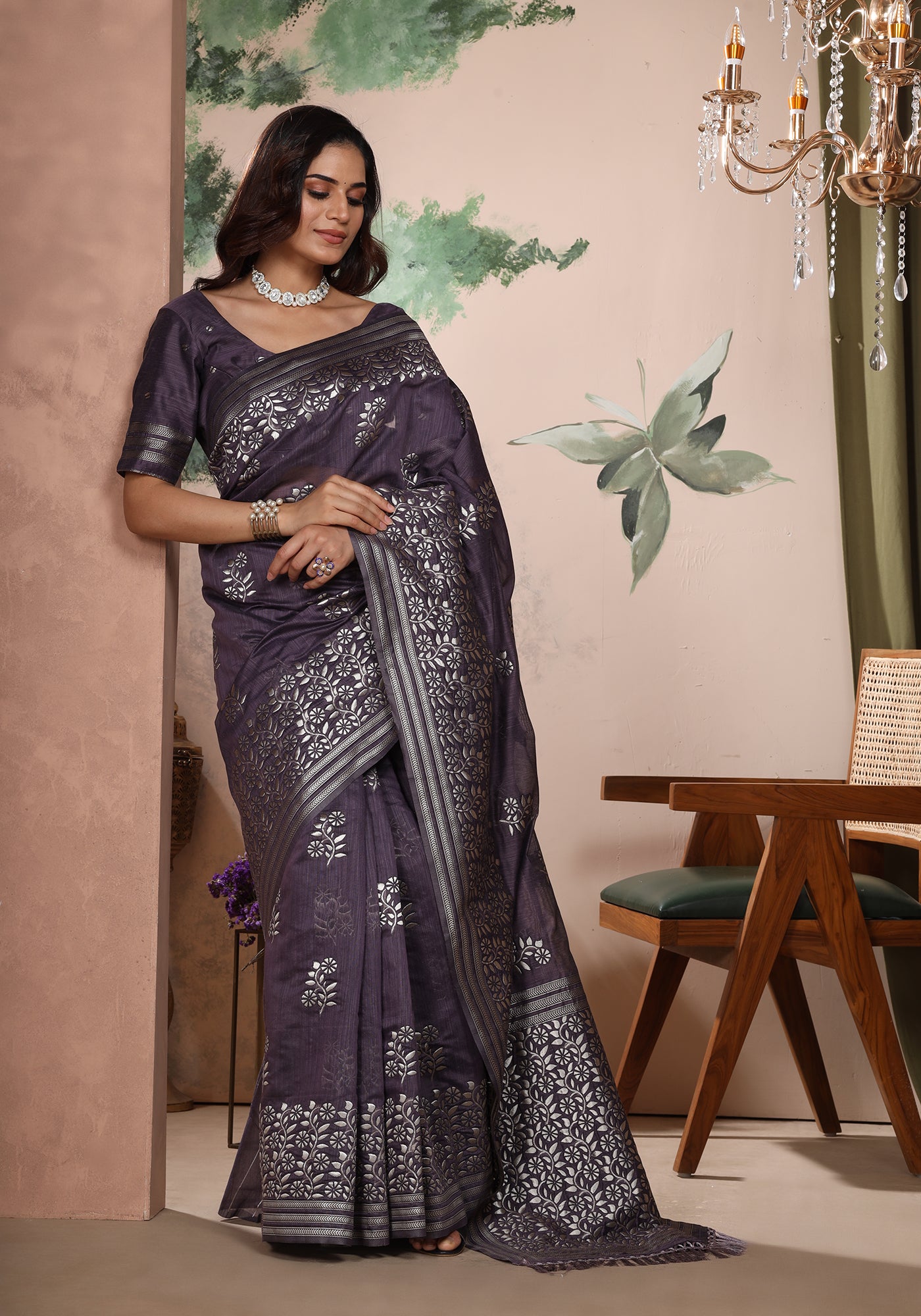 Bhagalpuri Tissue Silk Saree Deep Purple Silver Thread Work