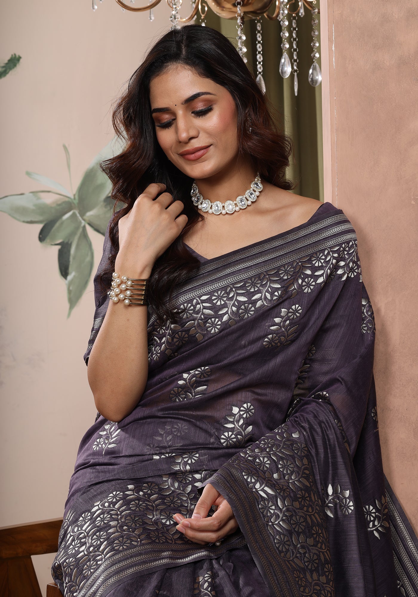 Bhagalpuri Tissue Silk Saree Deep Purple Silver Thread Work