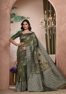 Bhagalpuri Tissue Silk Saree Olive Green Silver Thread Work