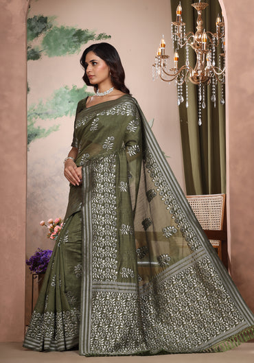 Bhagalpuri Tissue Silk Saree Olive Green Silver Thread Work
