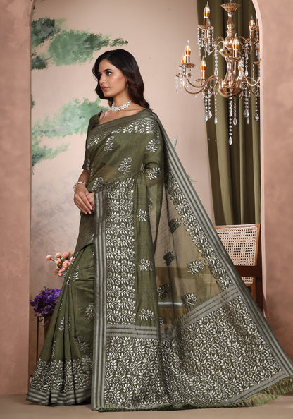 Bhagalpuri Tissue Silk Saree Olive Green Silver Thread Work