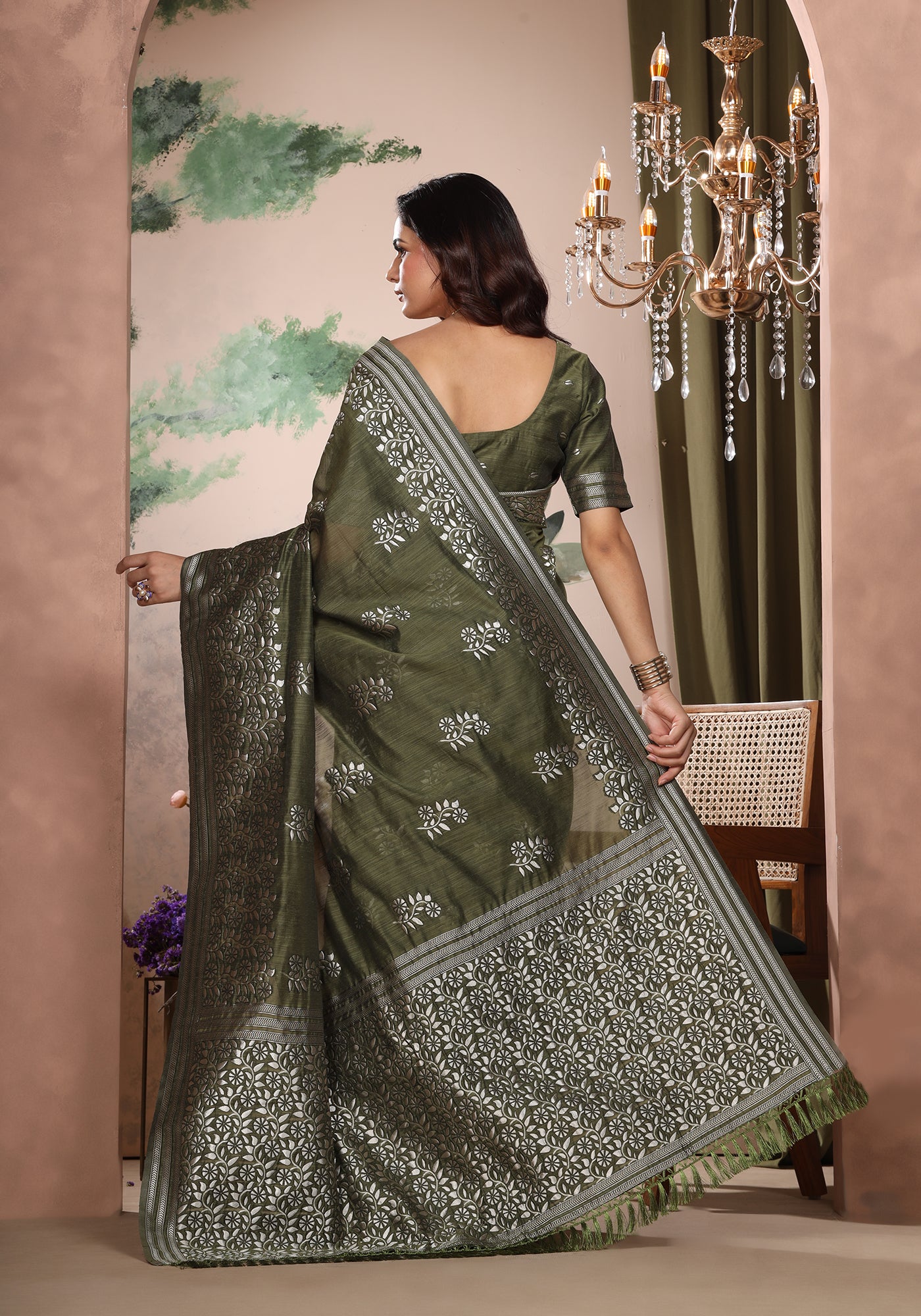 Bhagalpuri Tissue Silk Saree Olive Green Silver Thread Work