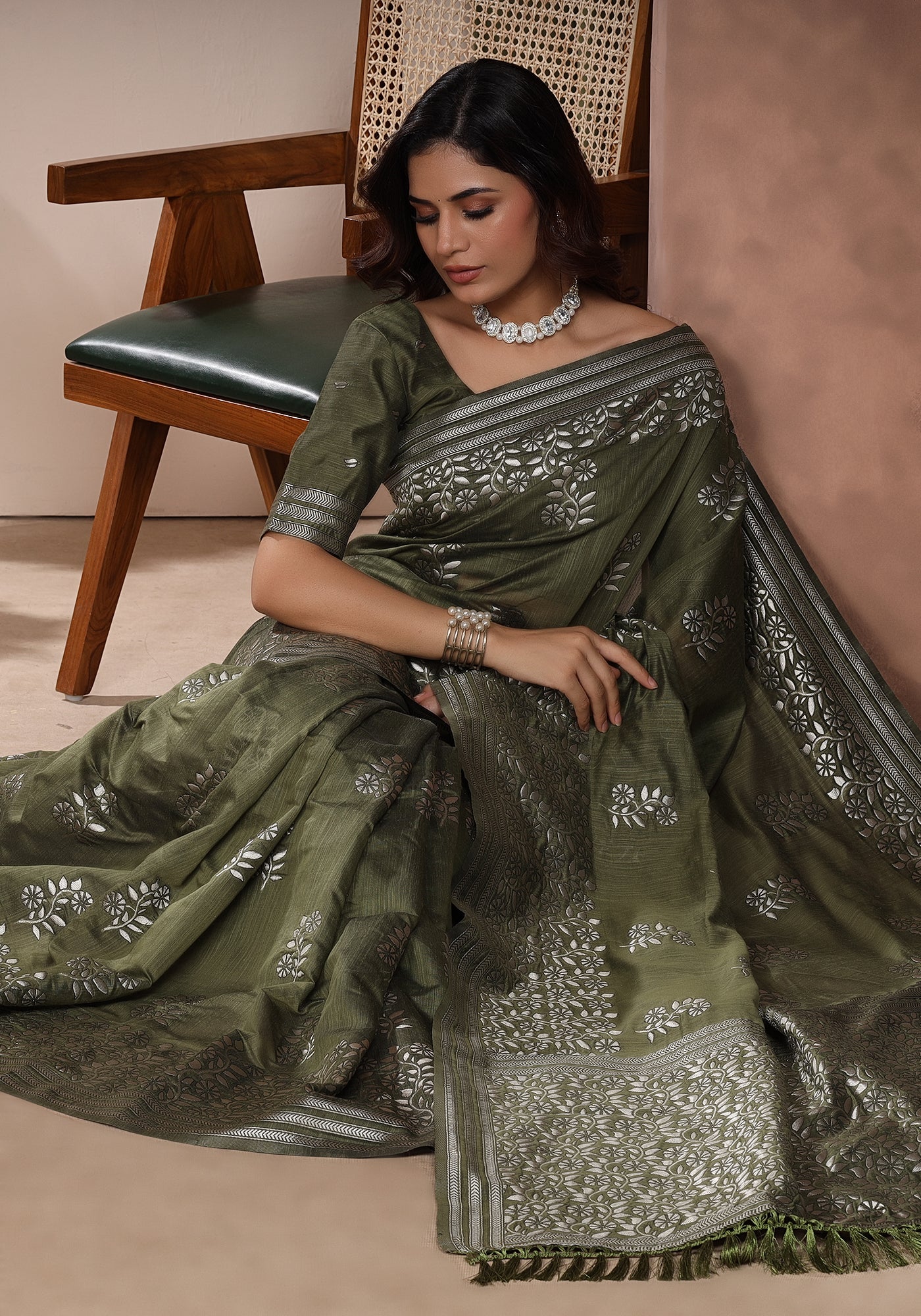 Bhagalpuri Tissue Silk Saree Olive Green Silver Thread Work