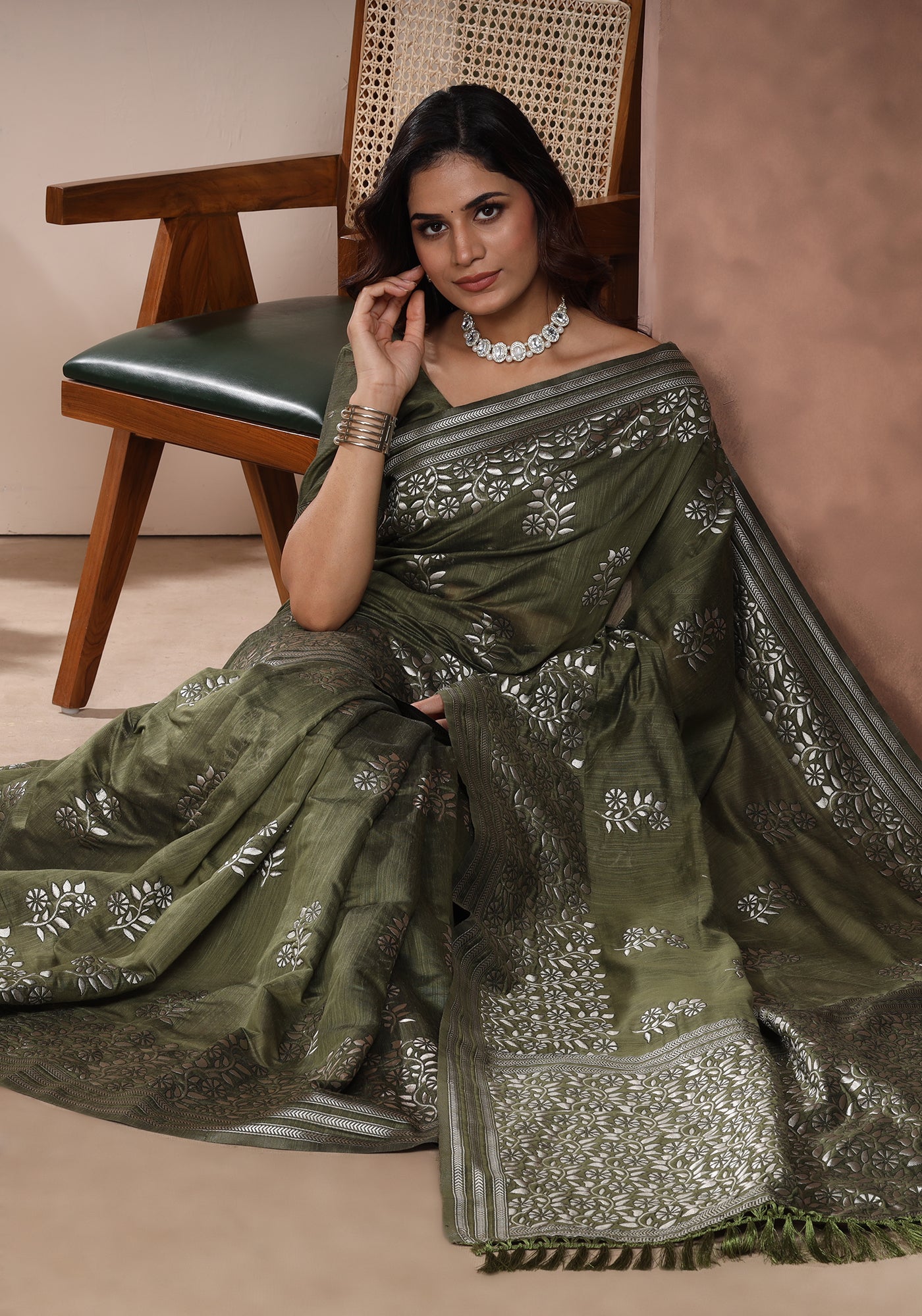 Bhagalpuri Tissue Silk Saree Olive Green Silver Thread Work