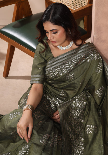 Bhagalpuri Tissue Silk Saree Olive Green Silver Thread Work