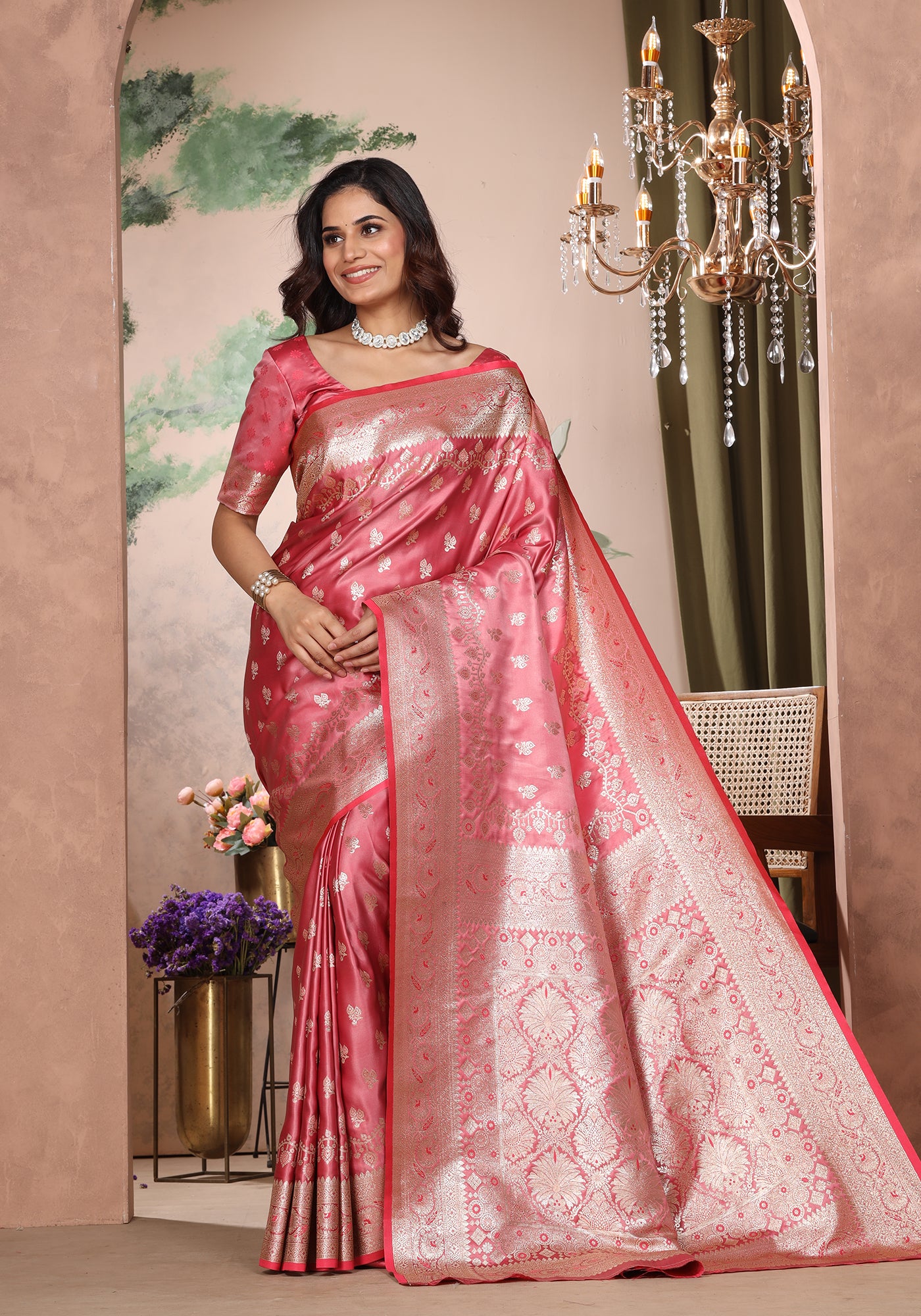 Satin Silk Zeri Saree Coral Pink Intricate Gold