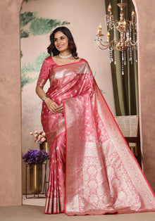 Satin Silk Zeri Saree Coral Pink Intricate Gold
