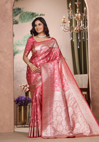 Satin Silk Zeri Saree Coral Pink Intricate Gold