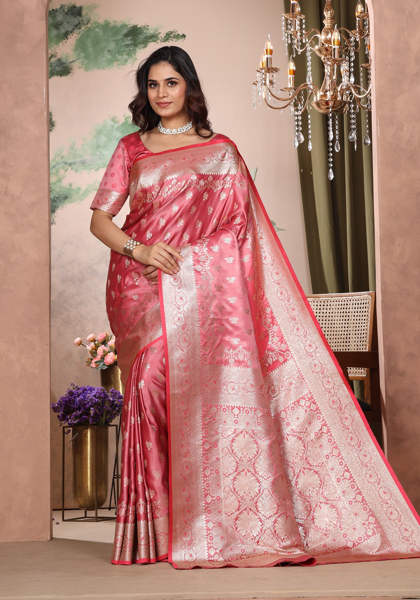 Satin Silk Zeri Saree Coral Pink Intricate Gold