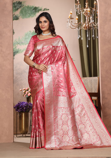 Satin Silk Zeri Saree Coral Pink Intricate Gold